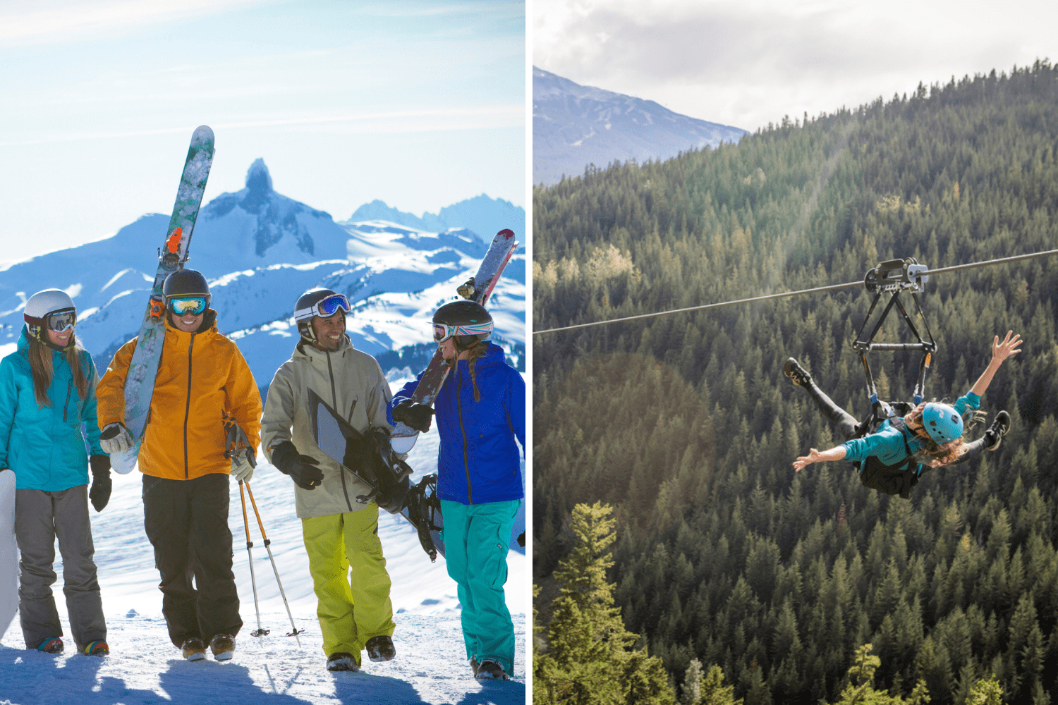 Skiing at Whistler Blackcomb (Left), Ziplining in Whistler (Right)