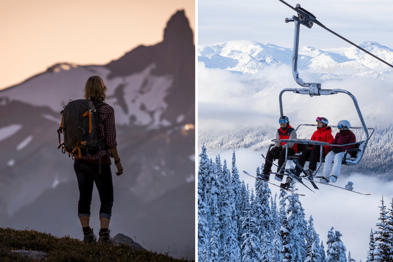 Hiking in Whistler (Left), Skiing on Whistler Blackcomb (Right)