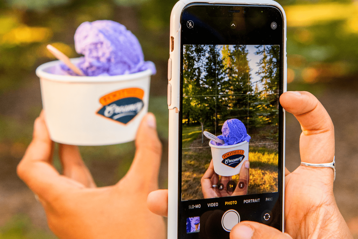 Person taking photo of Ube ICe Cream cup